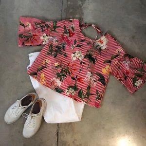 Zara Red and White Striped Floral Blouse